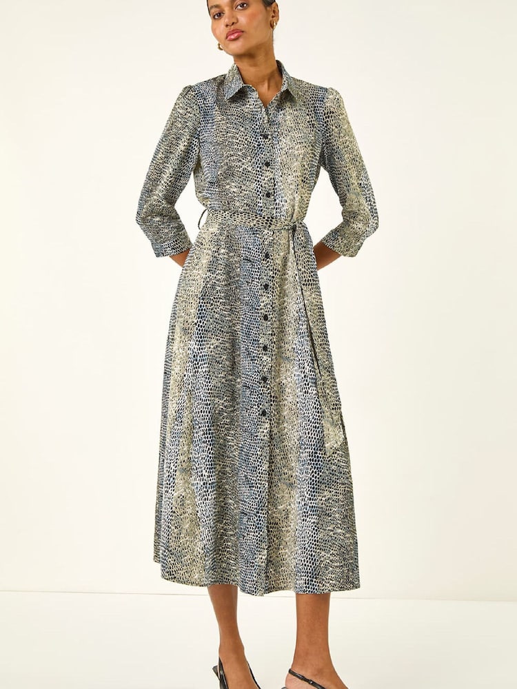 Roman Blue Animal Print Midi Shirt Dress - Image 2 of 5 Roman Blue Animal Print Midi Shirt Dress - Image 2 of 5