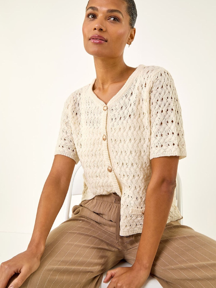 Roman White Pointelle V-Neck Knit Cardigan - Image 1 of 5 Roman White Pointelle V-Neck Knit Cardigan - Image 1 of 5
