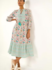 Roman Blue Tie Front Frill Midi Dress - Image 1 of 5