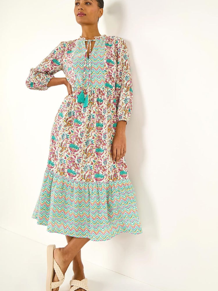 Roman Blue Tie Front Frill Midi Dress - Image 1 of 5