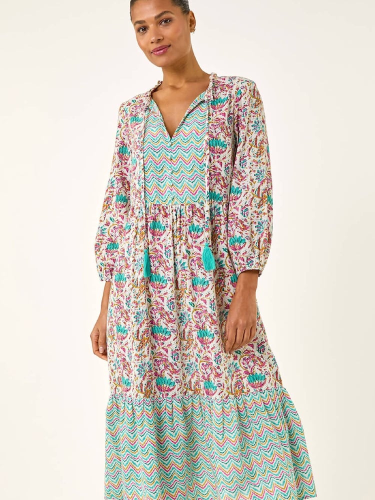 Roman Blue Tie Front Frill Midi Dress - Image 2 of 5