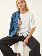 Roman White Floral Trim Knit Top - Image 1 of 5
