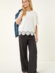 Roman White Floral Trim Knit Top - Image 2 of 5
