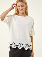 Roman White Floral Trim Knit Top - Image 4 of 5