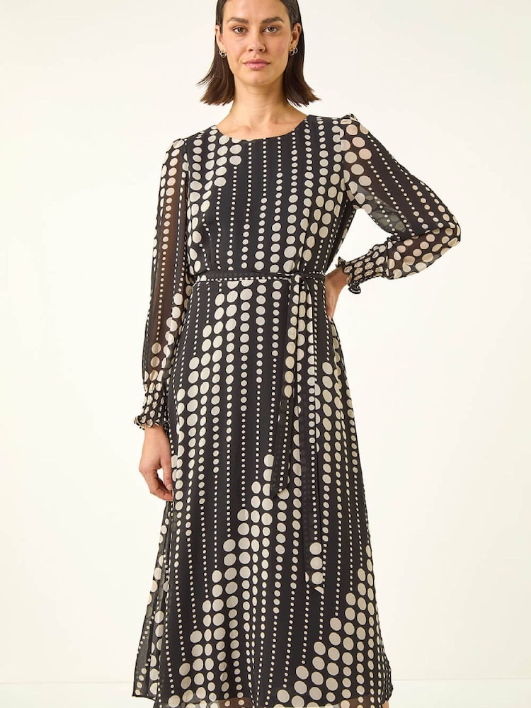 Roman Black Spot Print Shirred Midi Dress - Image 1 of 5