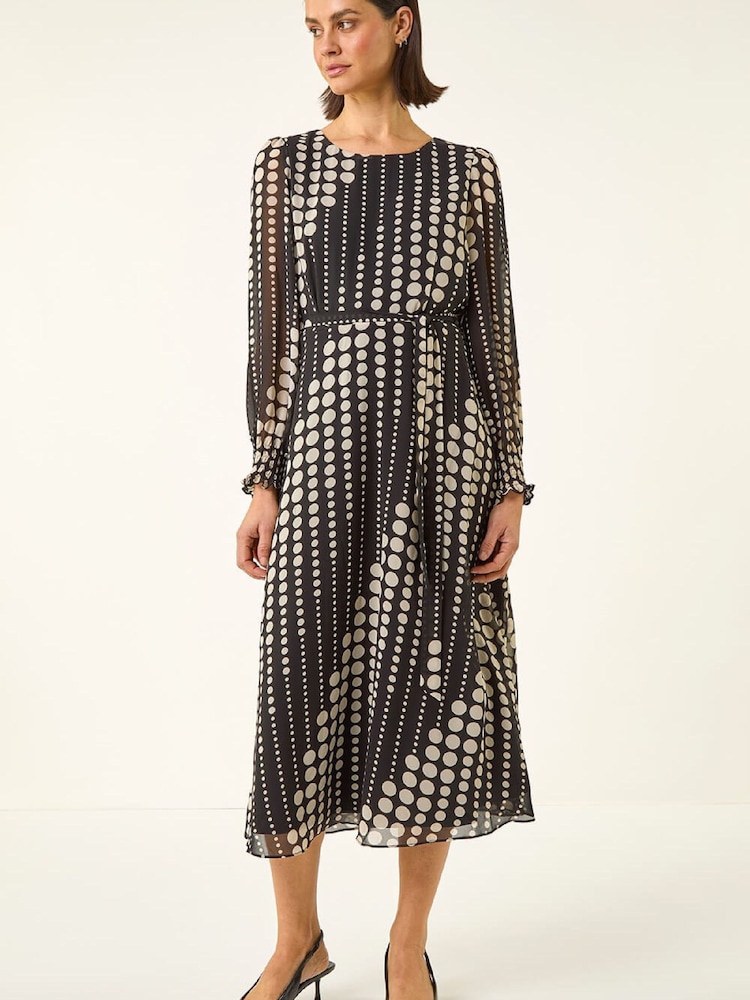 Roman Black Spot Print Shirred Midi Dress - Image 2 of 5
