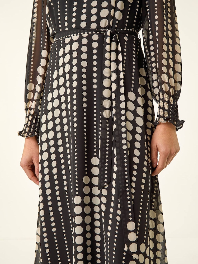 Roman Black Spot Print Shirred Midi Dress - Image 5 of 5