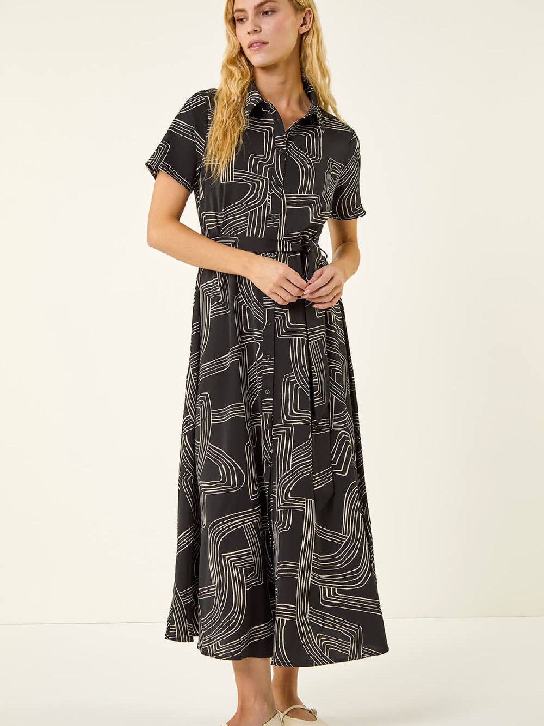 Roman Women's Black Geo Linear Print Shirt Midi Dress