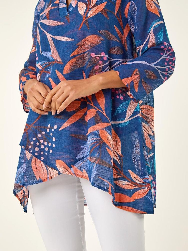 Roman Blue Leaf Print Wrap Front Tunic Top - Image 5 of 5 Roman Blue Leaf Print Wrap Front Tunic Top - Image 5 of 5