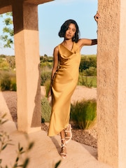 Friends Like These Ochre Yellow Cowl Neck Sleeveless Midi Dress - Image 3 of 5