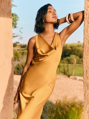 Friends Like These Ochre Yellow Cowl Neck Sleeveless Midi Dress - Image 4 of 5