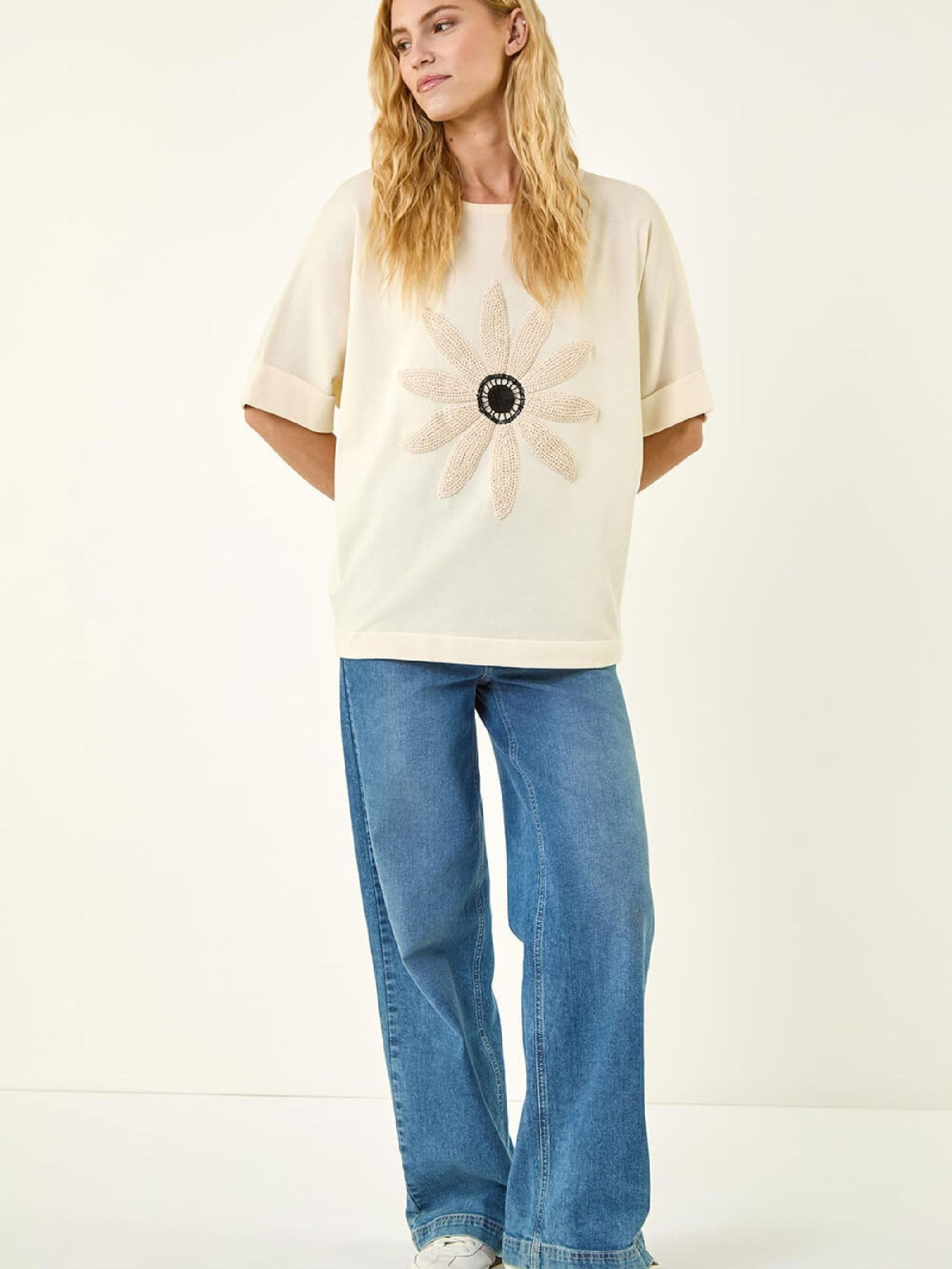 Buy Roman Natural Crochet Flower Knit Top from Next USA