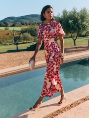 Friends Like These Berry Pink Ruffle Short Sleeve Floral Midi Dress - Image 1 of 5