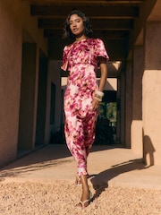 Friends Like These Berry Pink Ruffle Short Sleeve Floral Midi Dress - Image 2 of 5