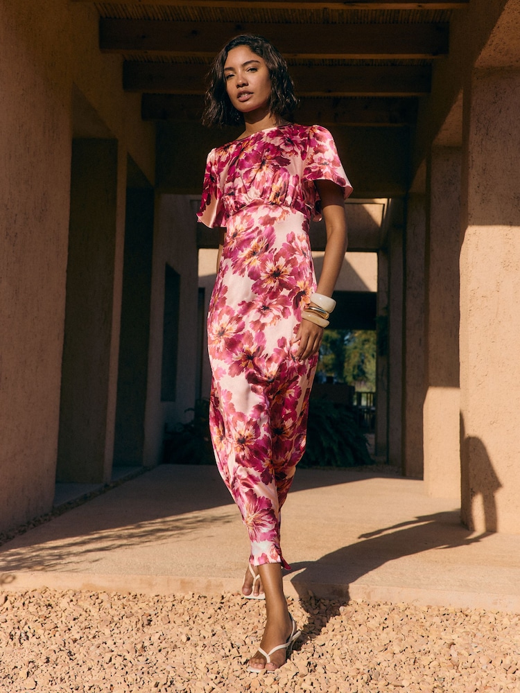 Friends Like These Berry Pink Ruffle Short Sleeve Floral Midi Dress - Image 2 of 5