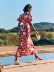 Friends Like These Berry Pink Ruffle Short Sleeve Floral Midi Dress - Image 3 of 5