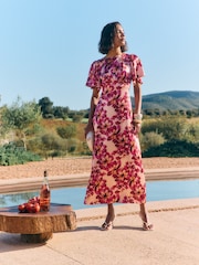 Friends Like These Berry Pink Ruffle Short Sleeve Floral Midi Dress - Image 5 of 5