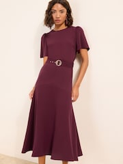 Friends Like These Berry Red Short Sleeve Belted Workwear Midi Dress - Image 1 of 6