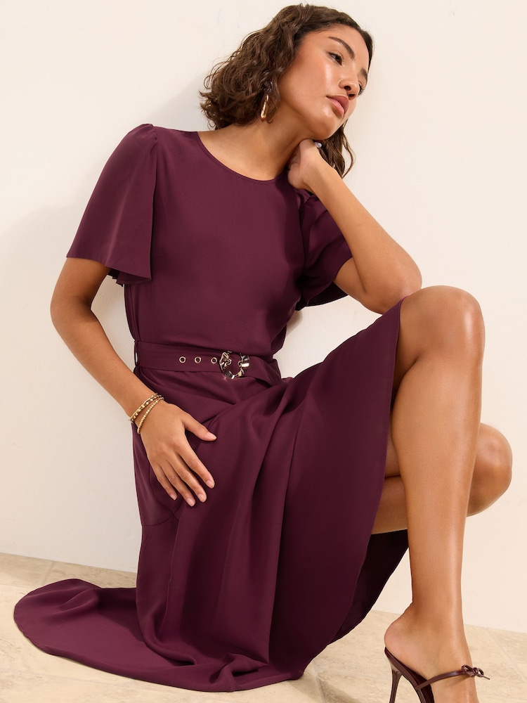 Friends Like These Berry Red Short Sleeve Belted Workwear Midi Dress - Image 2 of 6