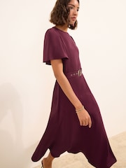 Friends Like These Berry Red Short Sleeve Belted Workwear Midi Dress - Image 3 of 6
