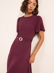 Friends Like These Berry Red Short Sleeve Belted Workwear Midi Dress - Image 4 of 6