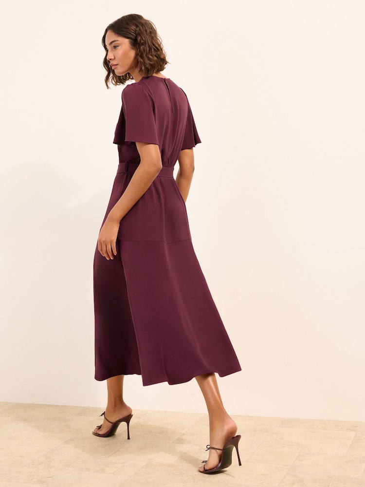 Friends Like These Berry Red Short Sleeve Belted Workwear Midi Dress - Image 6 of 6