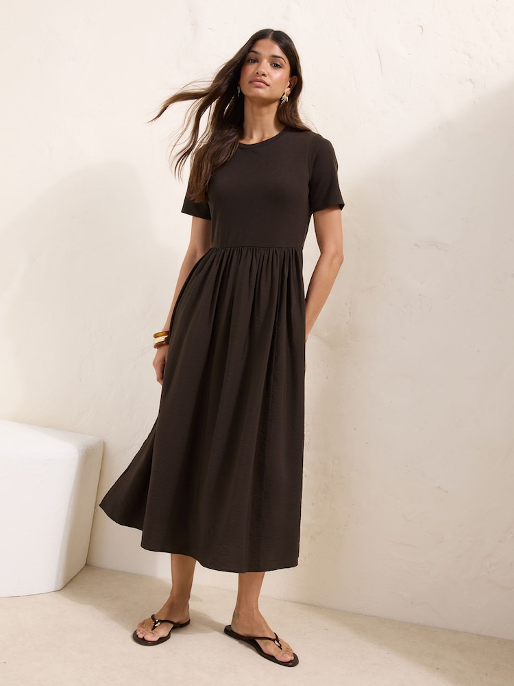 brown and black midi dress Thorn & Fable Brown & Black Checkered Empire Waist Midi Dress