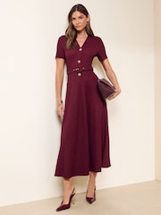 Friends Like These Berry Red Short Sleeve Textured Belted Midi Dress - Image 3 of 5