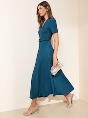 Friends Like These Teal Blue Short Sleeve Textured Belted Midi Dress - Image 3 of 5