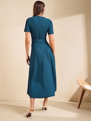 Friends Like These Teal Blue Short Sleeve Textured Belted Midi Dress - Image 5 of 5