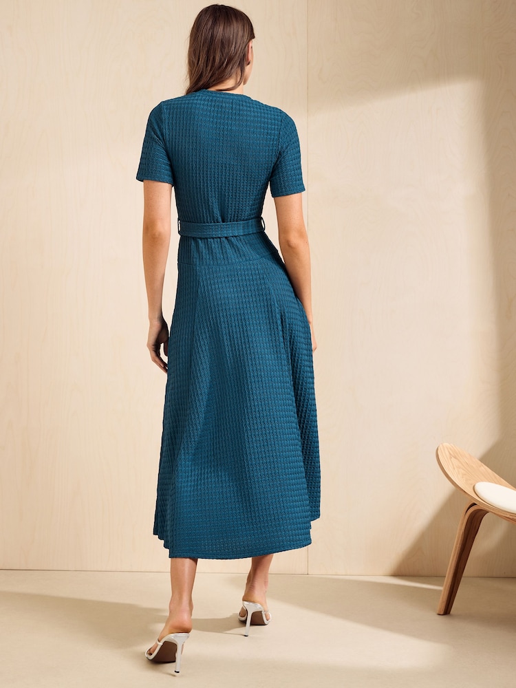 Friends Like These Teal Blue Short Sleeve Textured Belted Midi Dress - Image 5 of 5