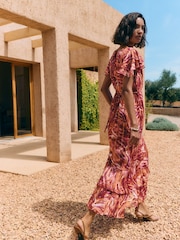 Friends Like These Pink Petite Short Sleeve Ruffle Metallic Midi Dress - Image 4 of 5