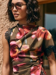 Friends Like These Olive Green Petite Short Sleeve Lace Detail Midi Dress - Image 4 of 5
