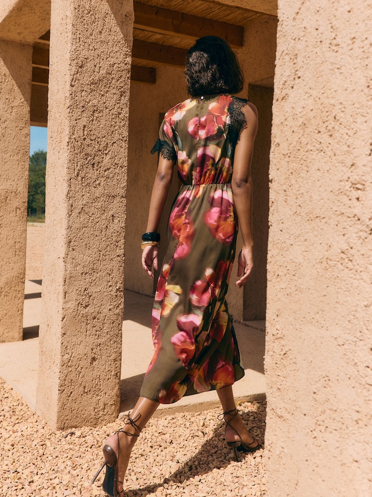 Friends Like These Olive Green Petite Short Sleeve Lace Detail Midi Dress - Image 5 of 5