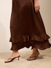 Friends Like These Chocolate Brown Curve Puff Sleeve Ruffle Hem Satin Midi Dress - Image 2 of 4