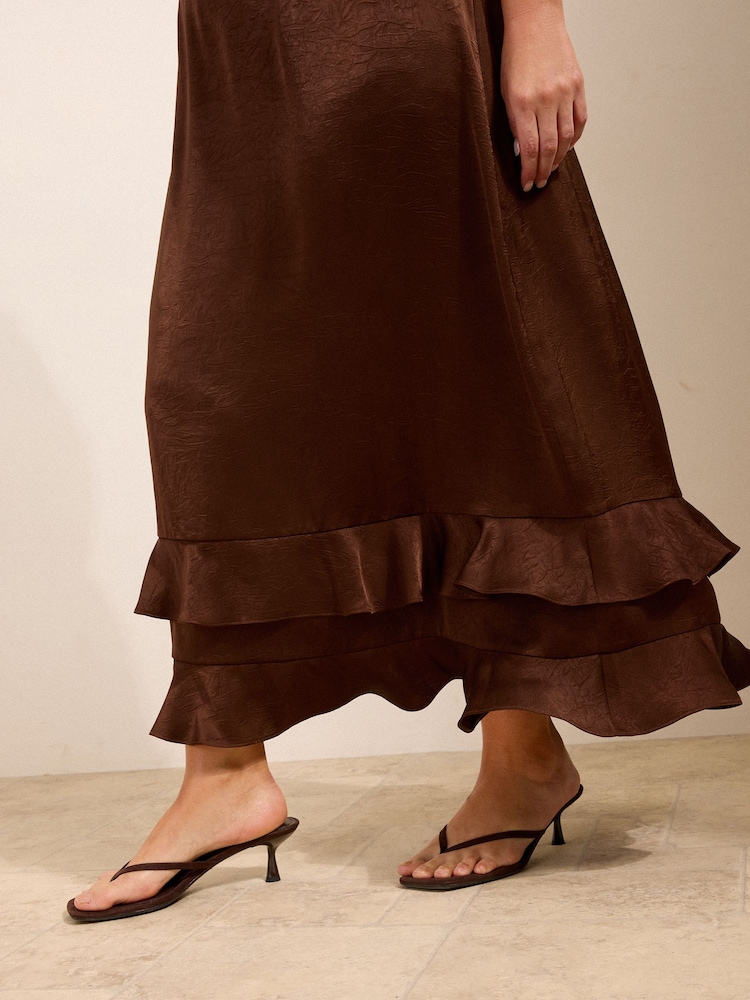 Friends Like These Chocolate Brown Curve Puff Sleeve Ruffle Hem Satin Midi Dress - Image 2 of 4 Friends Like These Chocolate Brown Curve Puff Sleeve Ruffle Hem Satin Midi Dress - Image 2 of 4
