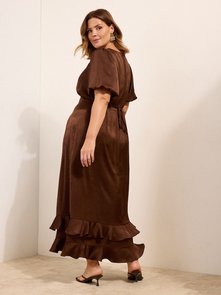 Friends Like These Chocolate Brown Curve Puff Sleeve Ruffle Hem Satin Midi Dress - Image 4 of 4 Friends Like These Chocolate Brown Curve Puff Sleeve Ruffle Hem Satin Midi Dress - Image 4 of 4