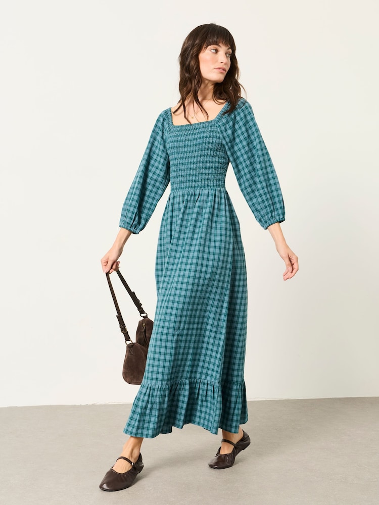 FatFace Adele Teal Blue Check Midi Dress - Image 1 of 5