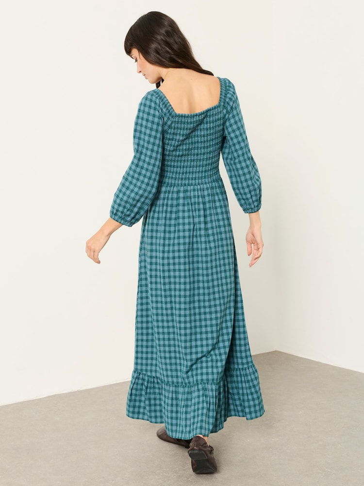 FatFace Adele Teal Blue Check Midi Dress - Image 2 of 5