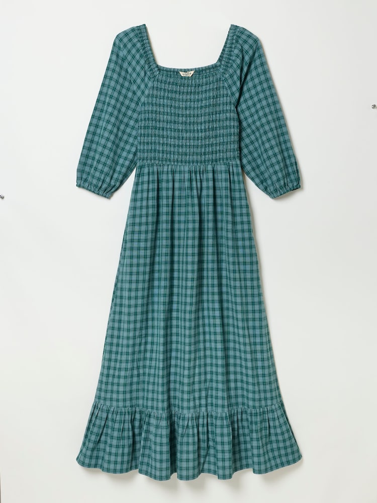 FatFace Adele Teal Blue Check Midi Dress - Image 5 of 5
