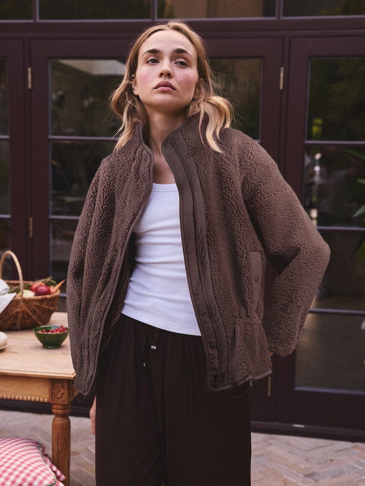 Chocolate Brown Borg Half Zip Peplum Fleece - Image 1 of 9