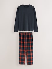 Navy Blue Cosy Check Long Sleeve Jersey Pyjamas Set - Image 7 of 11