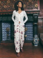 Ecru Floral Print National Trust X Next Cotton Cargo Barrel Leg Trousers - Image 1 of 9
