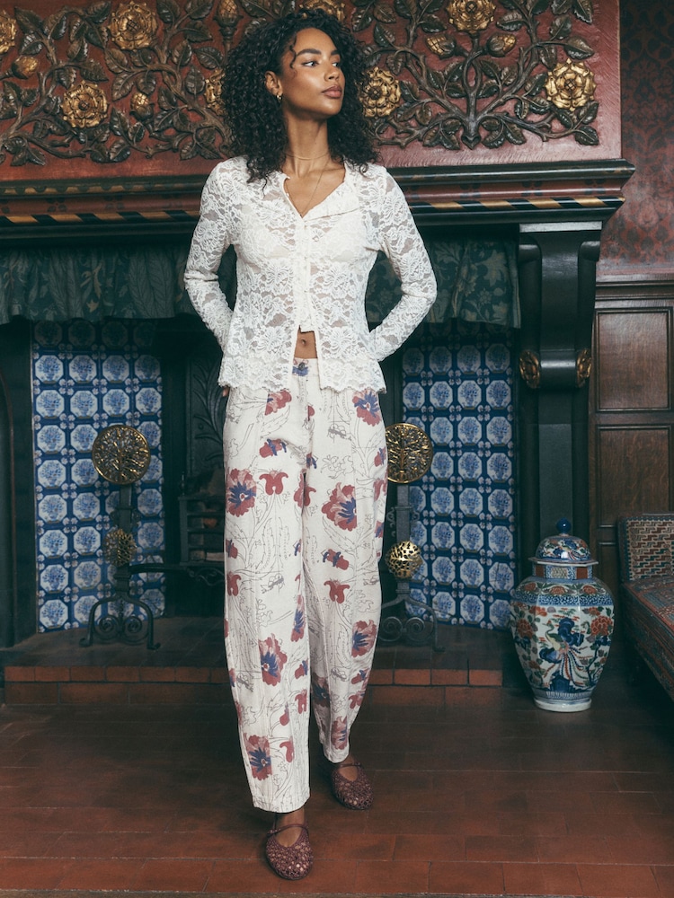 Ecru Floral Print National Trust X Next Cotton Cargo Barrel Leg Trousers - Image 1 of 9 Ecru Floral Print National Trust X Next Cotton Cargo Barrel Leg Trousers - Image 1 of 9