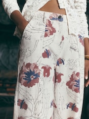 Ecru Floral Print National Trust X Next Cotton Cargo Barrel Leg Trousers - Image 6 of 9