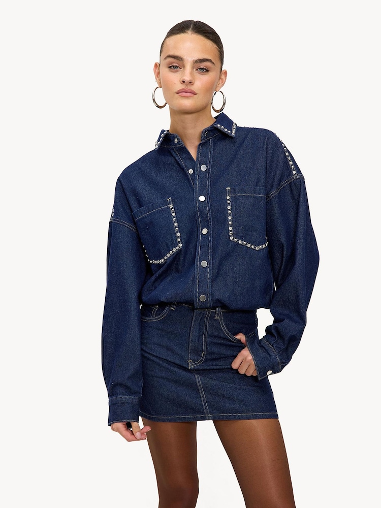 LOAVIES Blue Hide Away Studded Denim Shirt Dress - Image 1 of 4