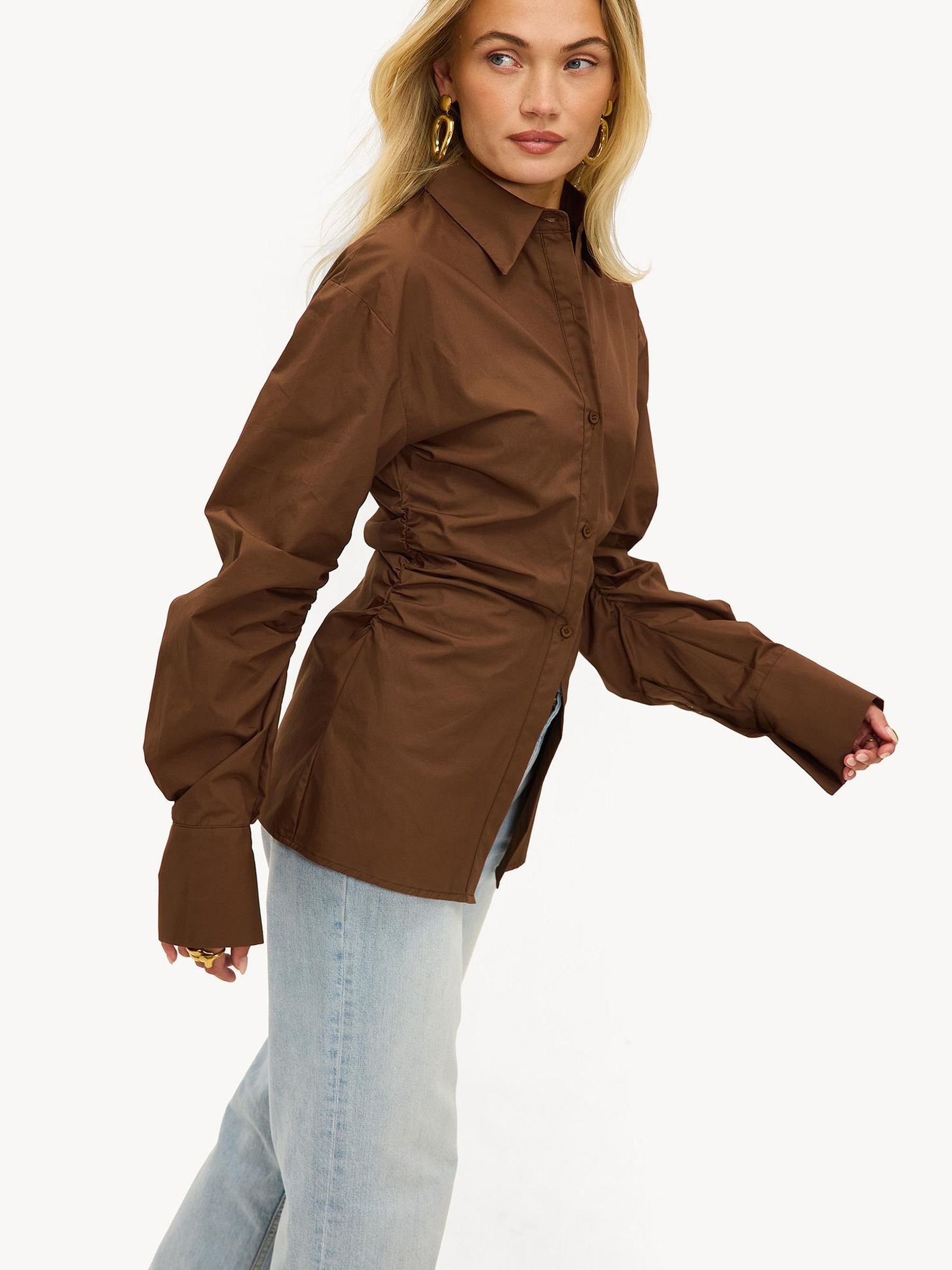 Buy LOAVIES Brown Tailored Ruffled Sides Button Shirt from Next USA