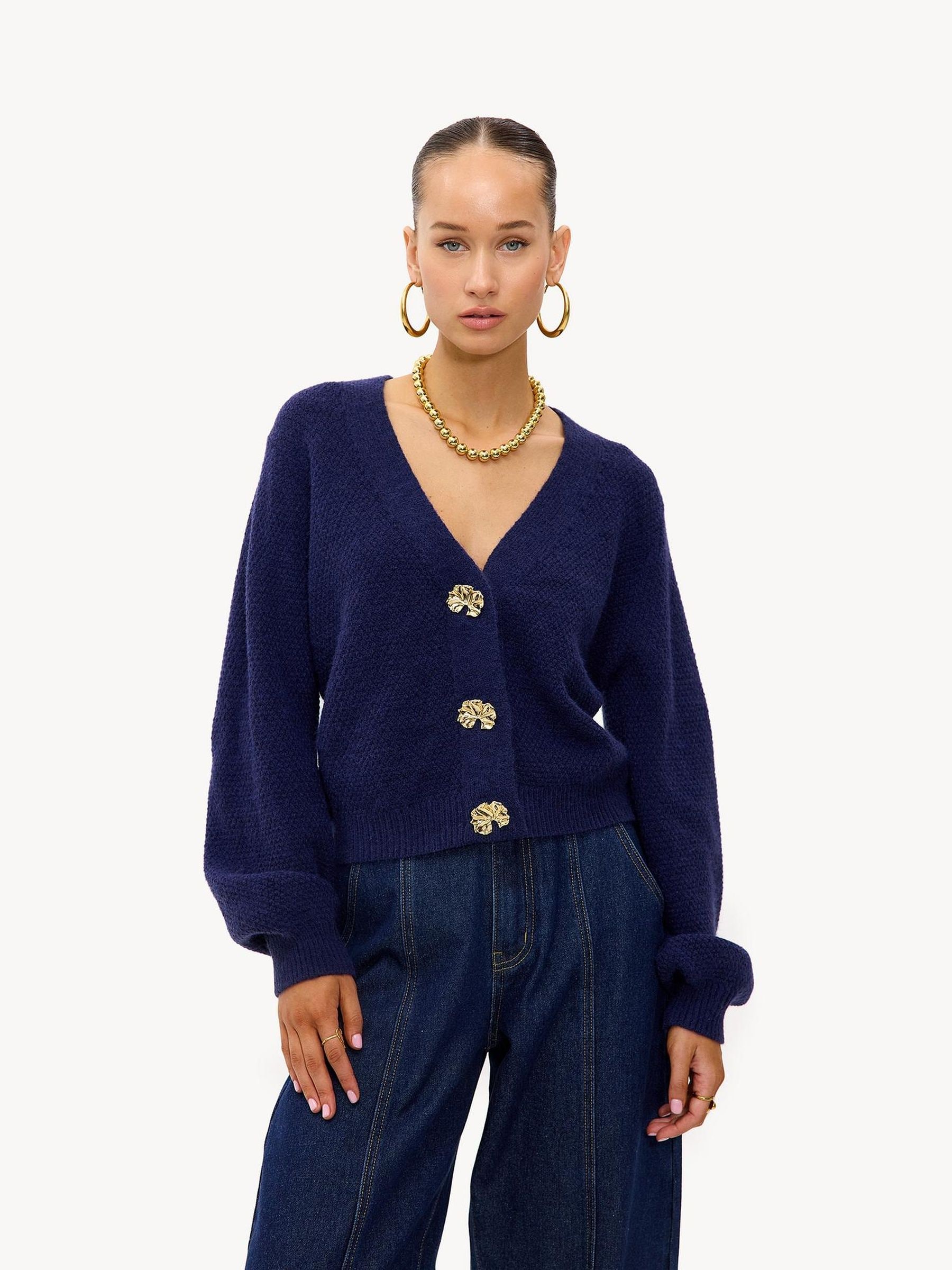 Buy LOAVIES Blue Wrapped In Wonder Statement Button Long Sleeve V