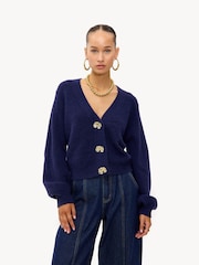 LOAVIES Blue Wrapped In Wonder Statement Button Long Sleeve V-Neck Cardigan - תמונה 1 מתוך 4