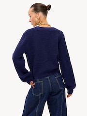 LOAVIES Blue Wrapped In Wonder Statement Button Long Sleeve V-Neck Cardigan - Image 2 of 4